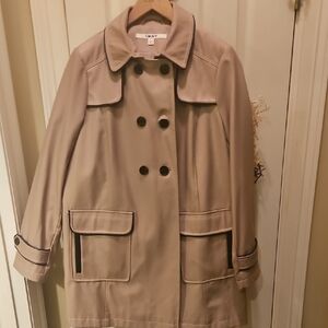 DKNY Women's Tan Double-Breasted All Weather  WITH FAUX LEATHER TRIM Coat Size L